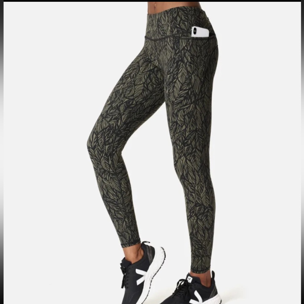 Sweaty Betty Olive Leaf-Print High-Rise Leggings with Pocket